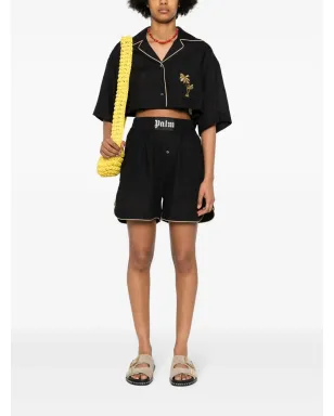 Palm Angels クロップドリネンボウリングシャツ ブラック - サムネイル2