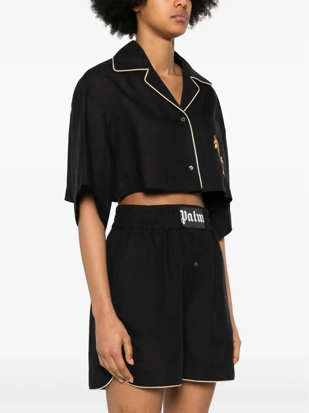 Palm Angels クロップドリネンボウリングシャツ ブラック - 画像3
