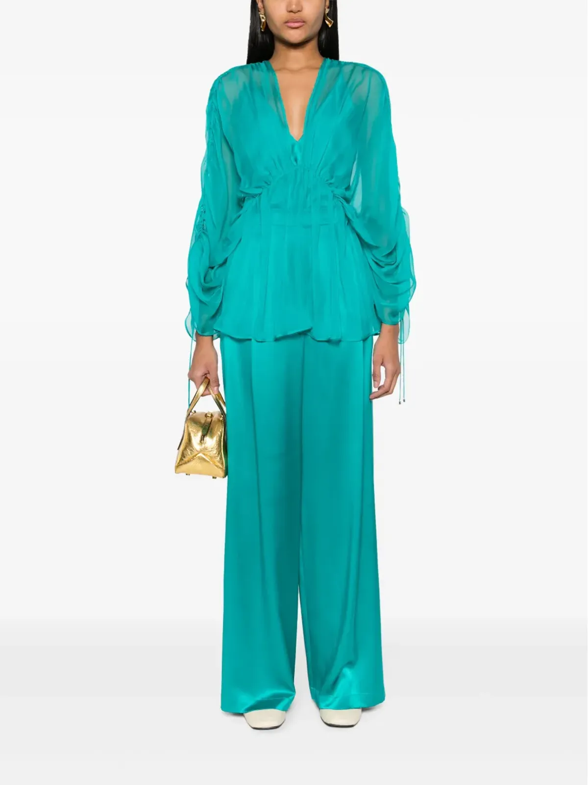 Max Mara サイドスリット入りシルクサテンのパラッツォパンツ グリーン - 画像2