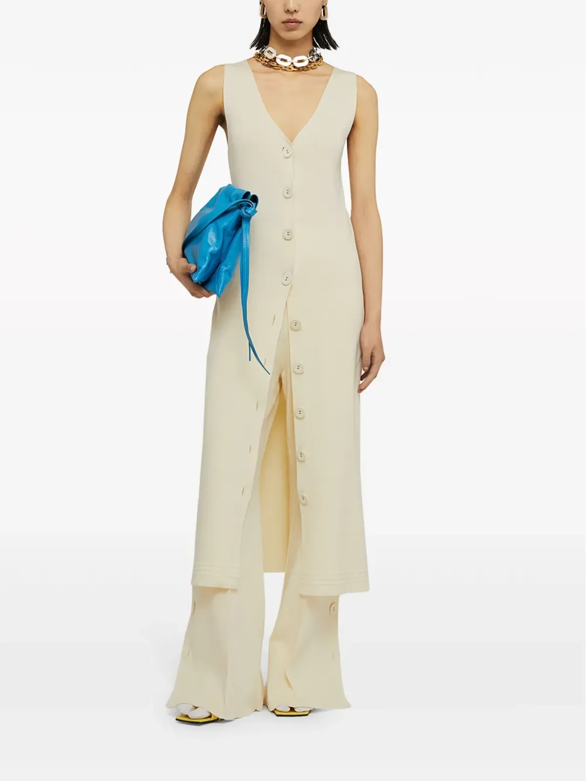 Jil Sander Vネックリブ編みミディドレス ホワイト - 画像2