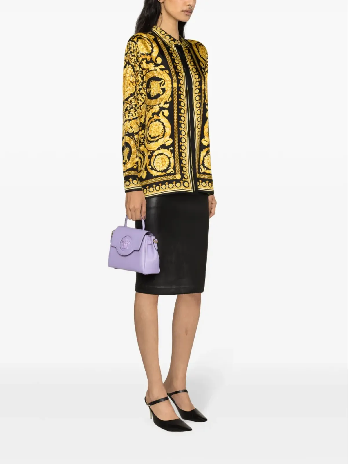 Versace ヘリテージ Baroccoプリント シルクシャツ ブラック - 画像3