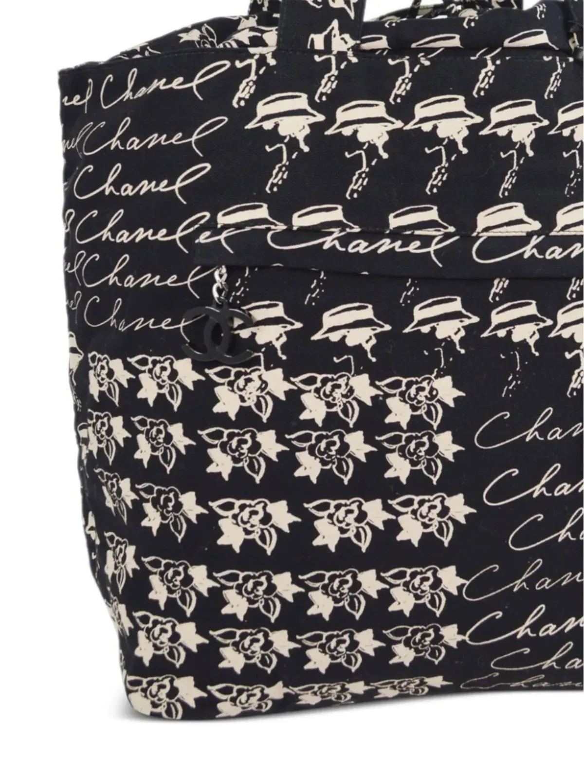 CHANEL ビンテージ Camélia ウール トート バッグ - ブラック - 画像3
