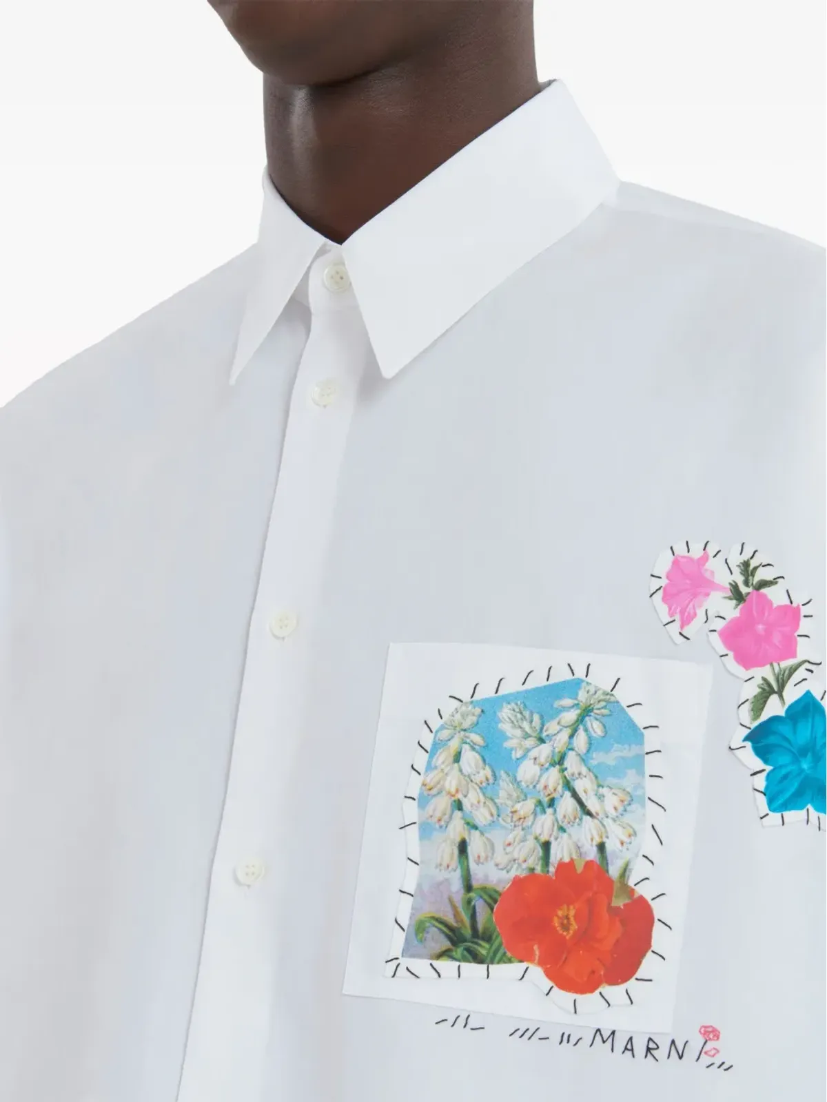 Marni 白地の花柄アップリケ コットン シャツ - 画像5