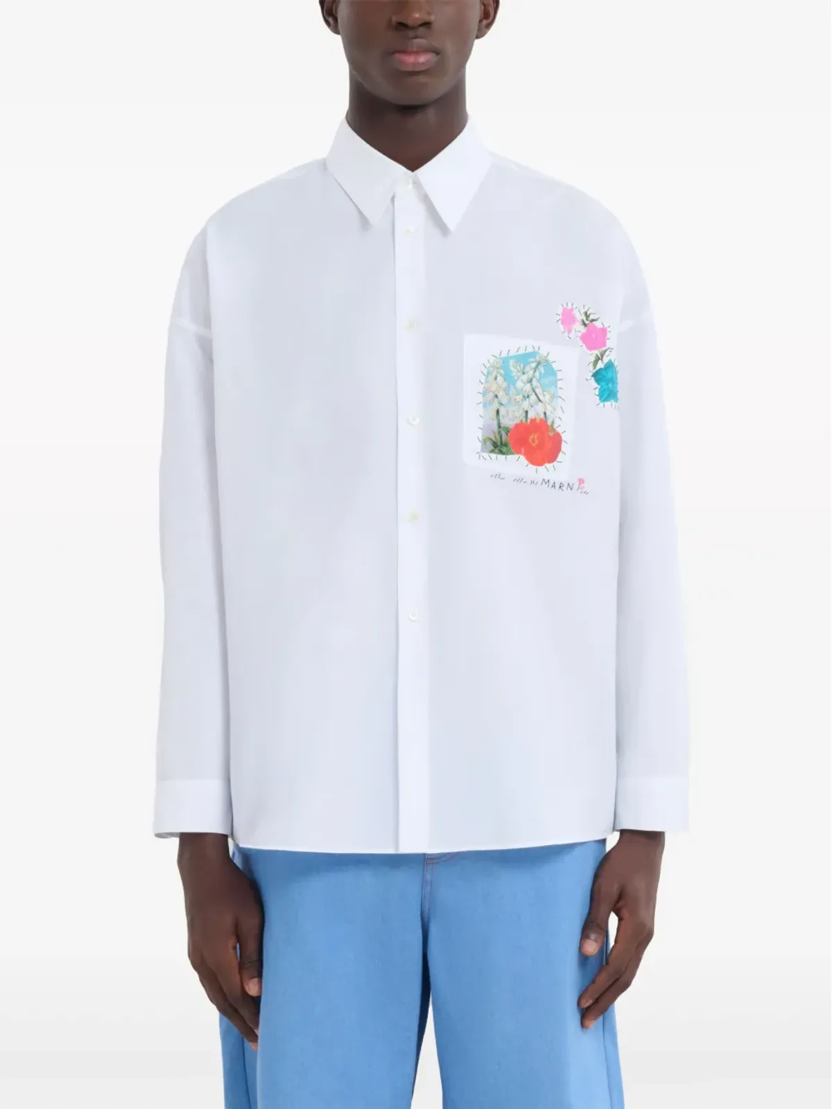 Marni 白地の花柄アップリケ コットン シャツ - 画像3