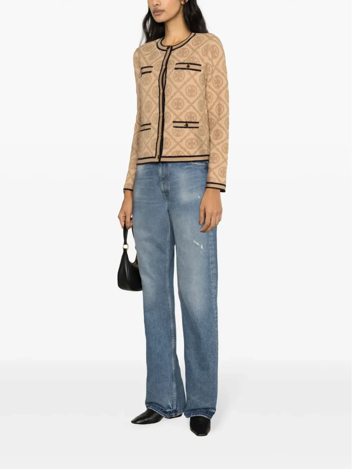 ビンテージ Tory Burch ケンドラ エンボス ウール カーディガン ブラウン - 画像3