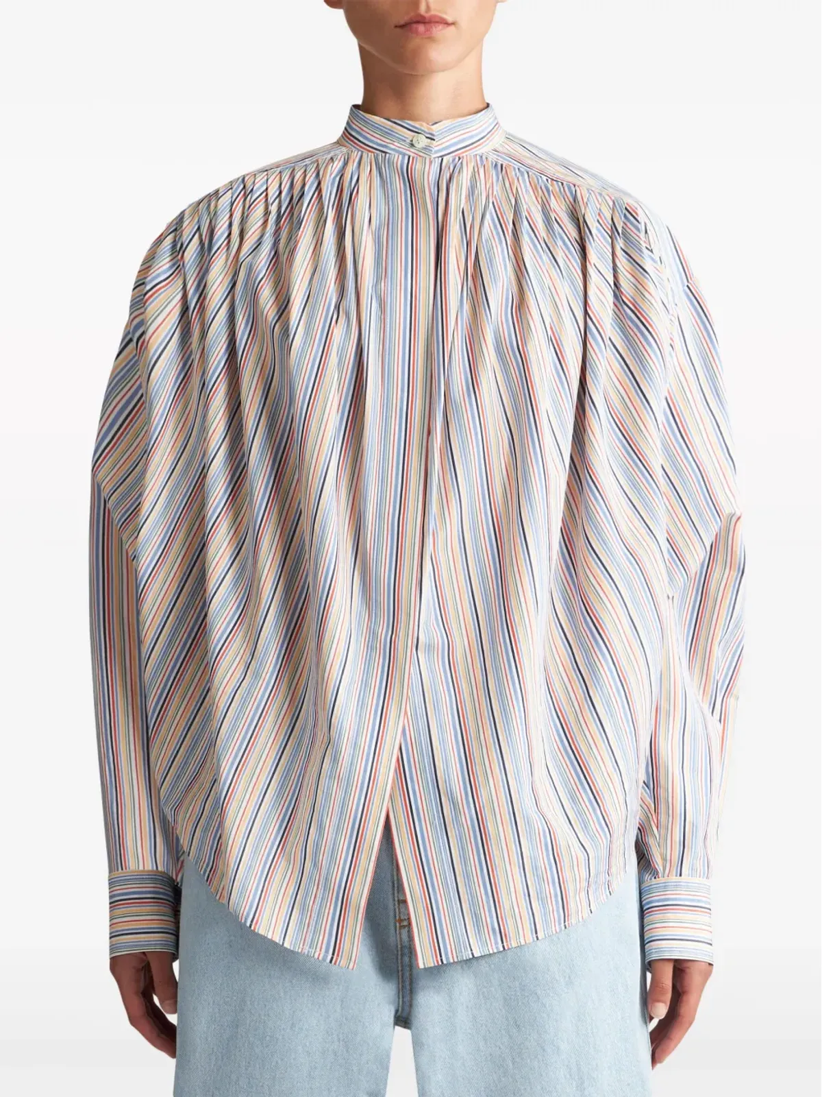 ETRO ストライプ ギャザード コットン ブラウス - ブルー - 画像3
