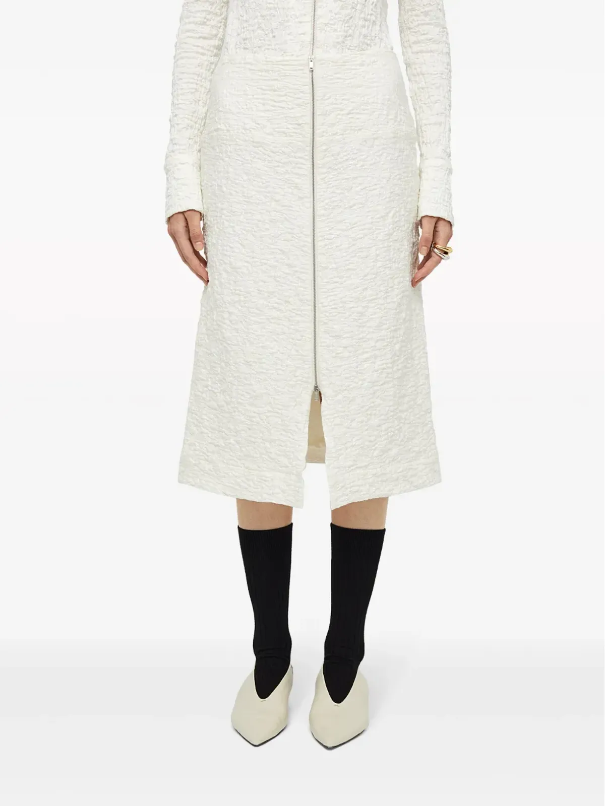 Jil Sander テクスチャード仕上げジップアップ ミディスカート ホワイト - 画像3