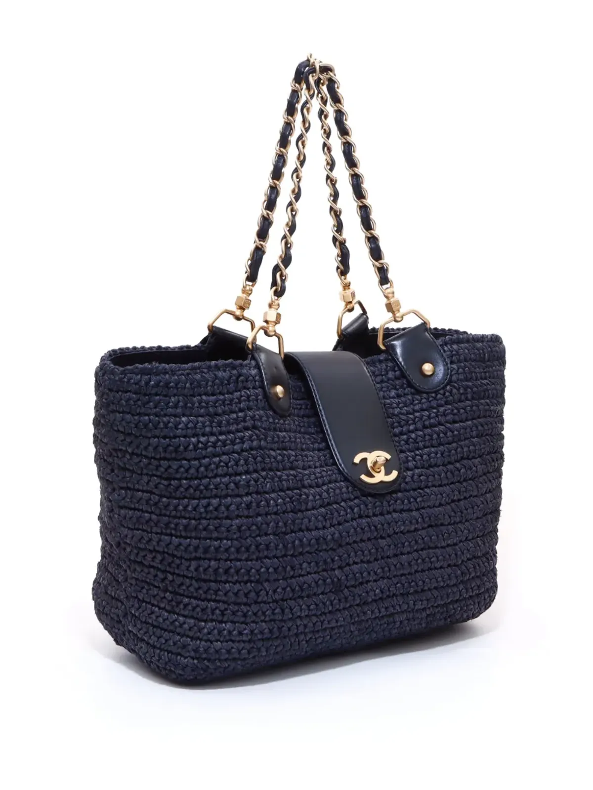 CHANEL ビンテージ CCターンロック ストロー トートバッグ ブルー - 画像3