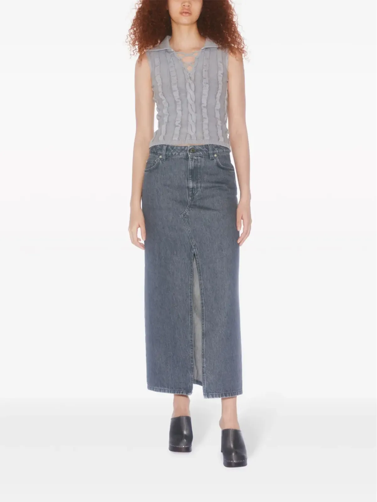 Filippa K 前開きスリット入りオーガニックコットンマキシスカート (グレー) - 画像2