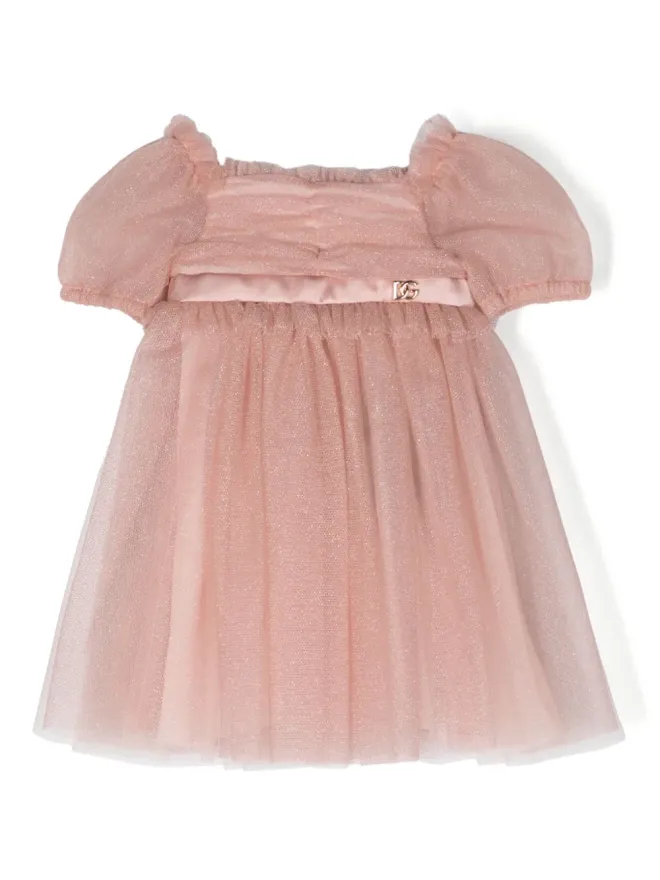 Dolce & Gabbana Kids Dolce & Gabbana Kids ロゴプレート付きフリルチュールドレス ピンクの商品画像