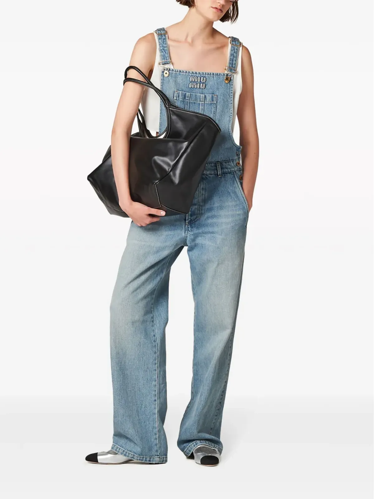 Miu Miu アップリケロゴ デニムオーバーオール ブルー - 画像2