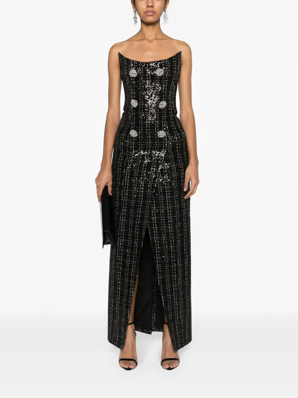 Balmain スパンコール付きメタリックツイード ガウン ブラック - 画像2