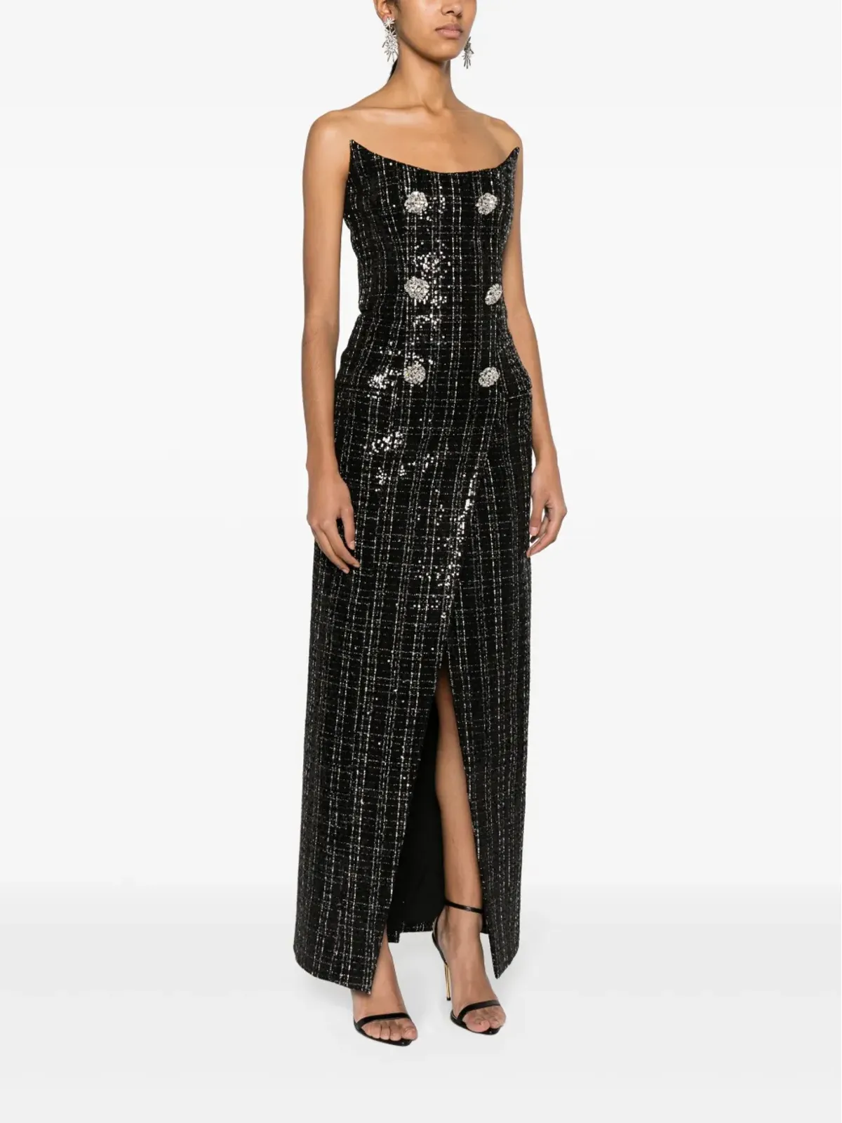 Balmain スパンコール付きメタリックツイード ガウン ブラック - 画像3