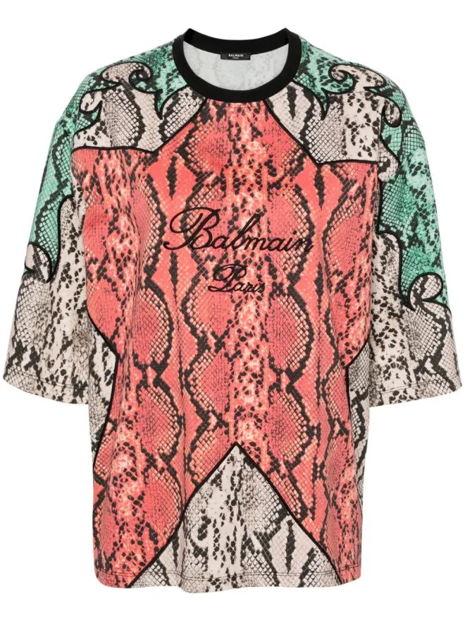 BALMAIN Balmain パイソン柄プリントのオーガニックコットンTシャツ - レッドの商品画像