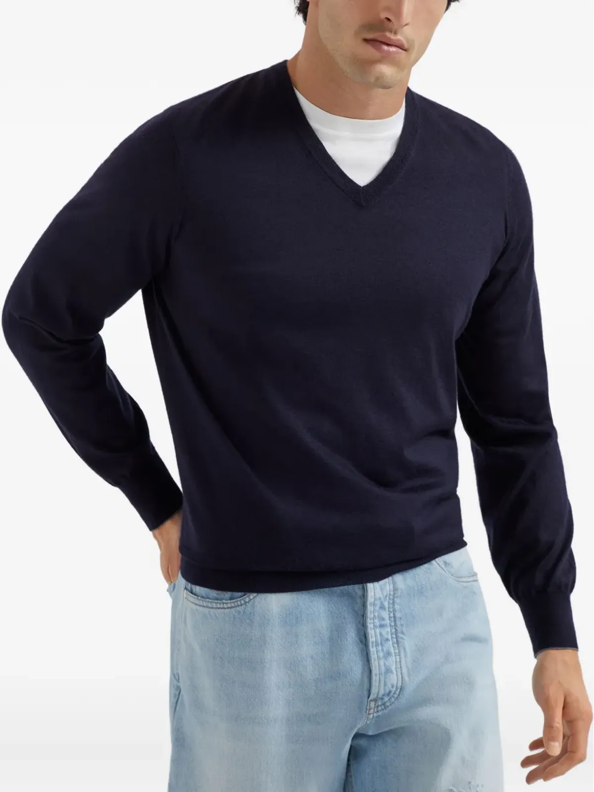 Brunello Cucinelli リブ編み Vネック セーター - ブルー - 画像3