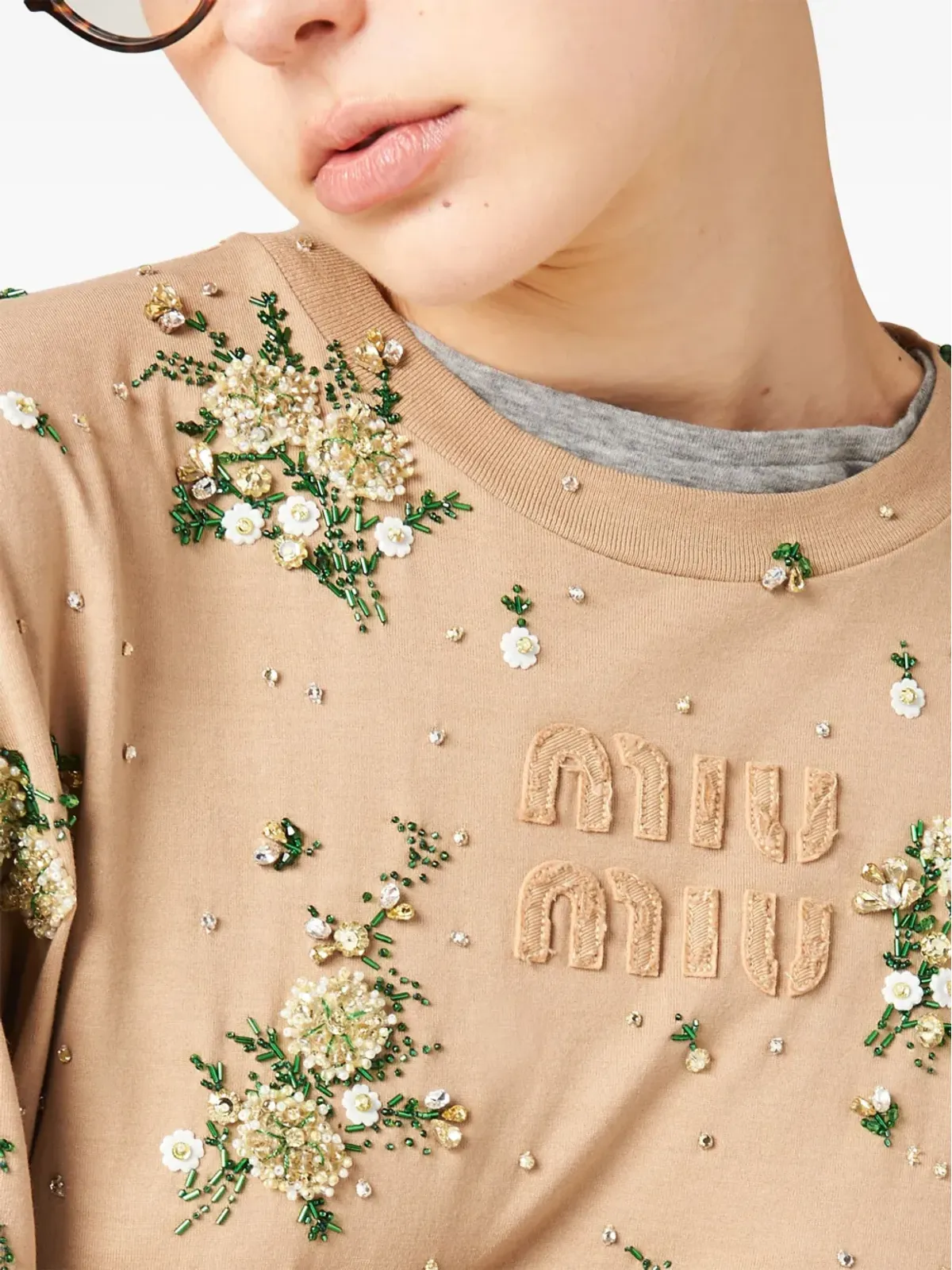 Miu Miu フローラルアップリケ付きコットンTシャツ - 画像4