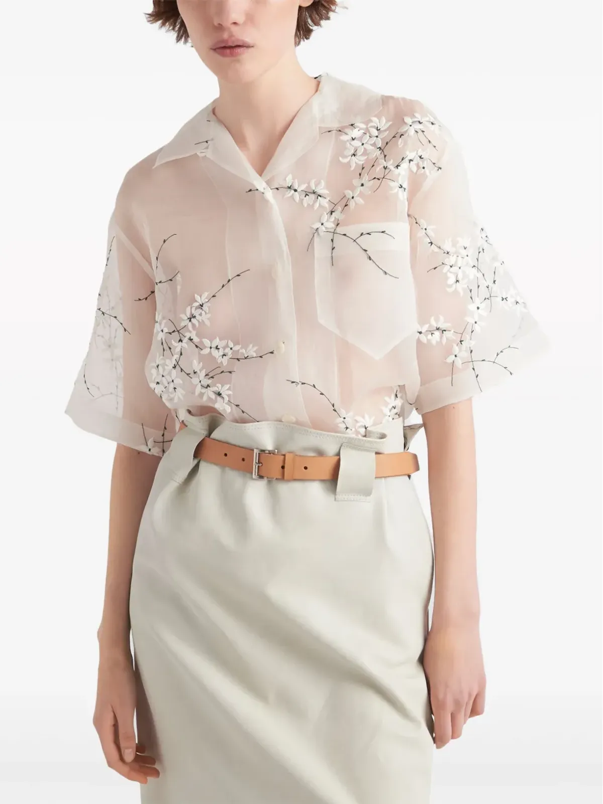 Prada フローラル刺繍入りシアーシルクシャツ - ホワイト - 画像4
