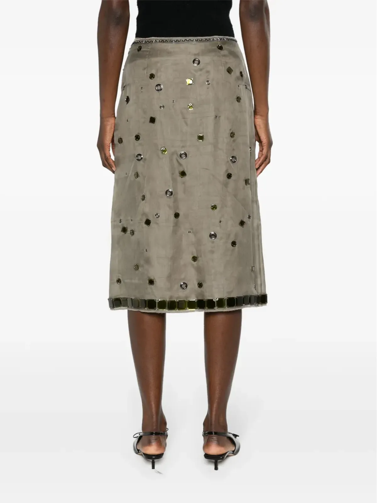 Prada クリスタル装飾入りシルクミディスカート - グリーン - 画像4