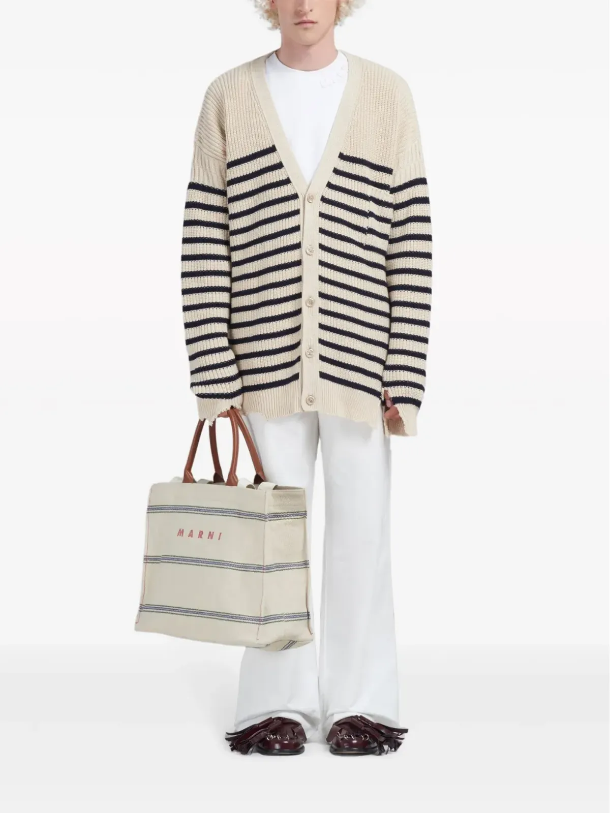 Marni 刺繍ロゴ入りキャンバス トートバッグ ニュートラルカラー - 画像2