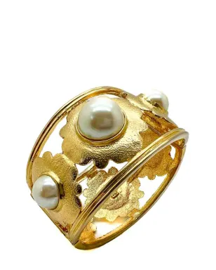 Jennifer Gibson Jewellery ビンテージ ブロード パール フローラル モチーフ カフ 1980年代 - ゴールド - サムネイル4