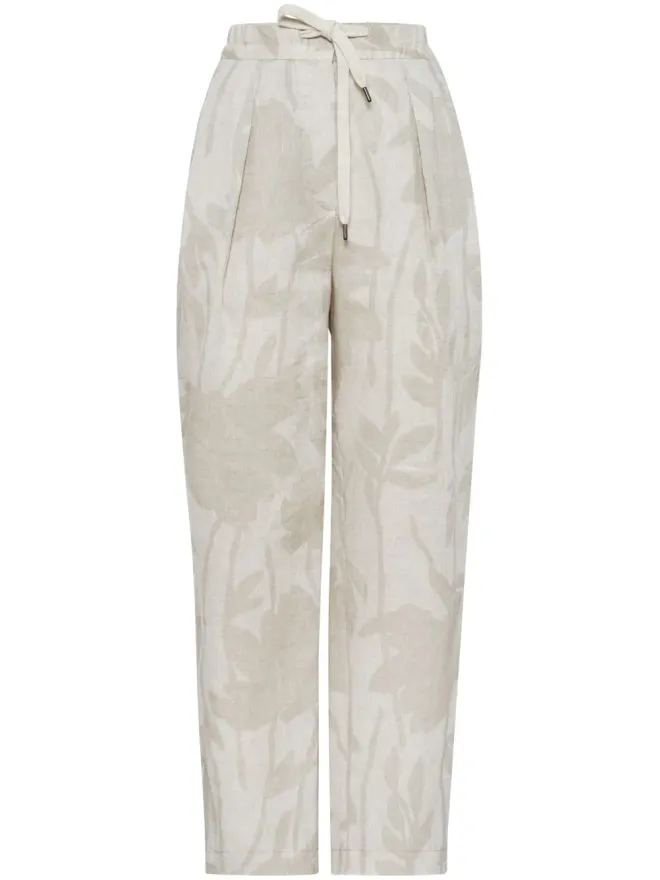 Brunello Cucinelli Brunello Cucinelli 花柄ジャカードリネン テーパードパンツ - ニュートラルカラーの商品画像