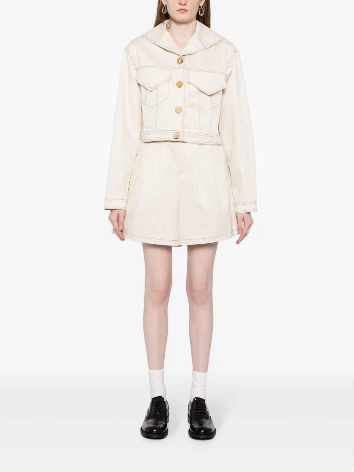Kimhekim コントラストステッチ入りワイドレッグコットンショーツ - ホワイト - 画像2