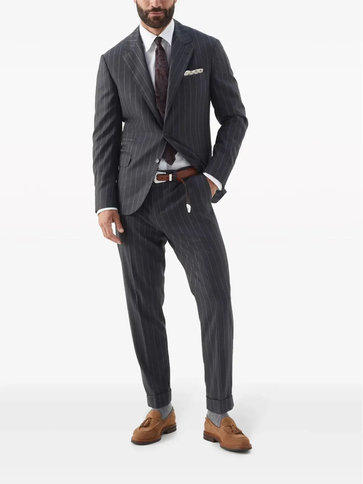 Brunello Cucinelli ストライプ ヴァージンウール パンツ グレー - 画像2