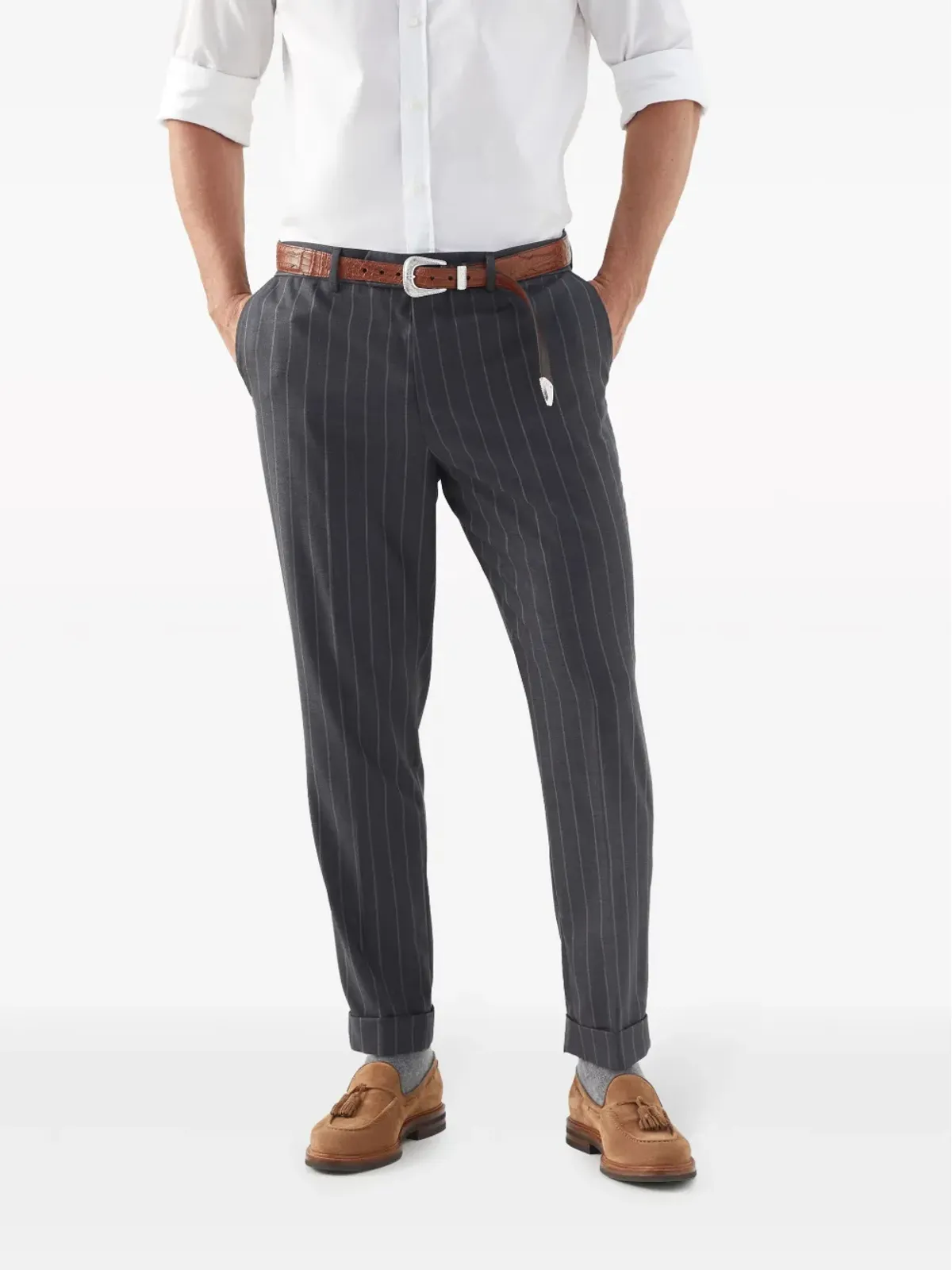 Brunello Cucinelli ストライプ ヴァージンウール パンツ グレー - 画像3