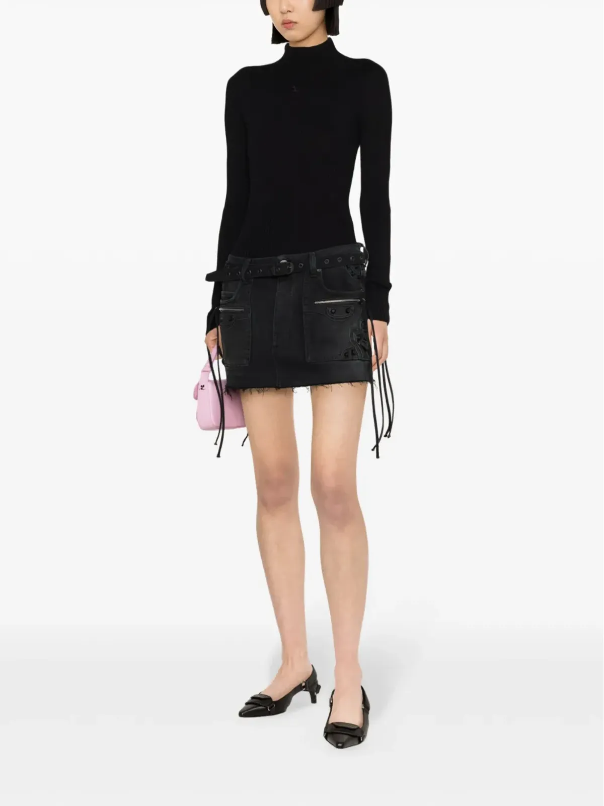 Courrèges ソーラーリブ編みニットセーター ブラック - 画像3