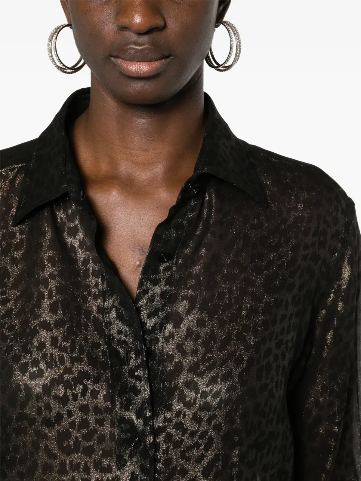 TOM FORD ラミネーテッド レオパード柄 シルクシャツ ブラック - 画像5