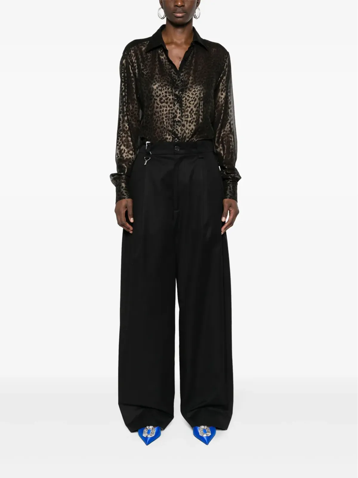 TOM FORD ラミネーテッド レオパード柄 シルクシャツ ブラック - 画像2