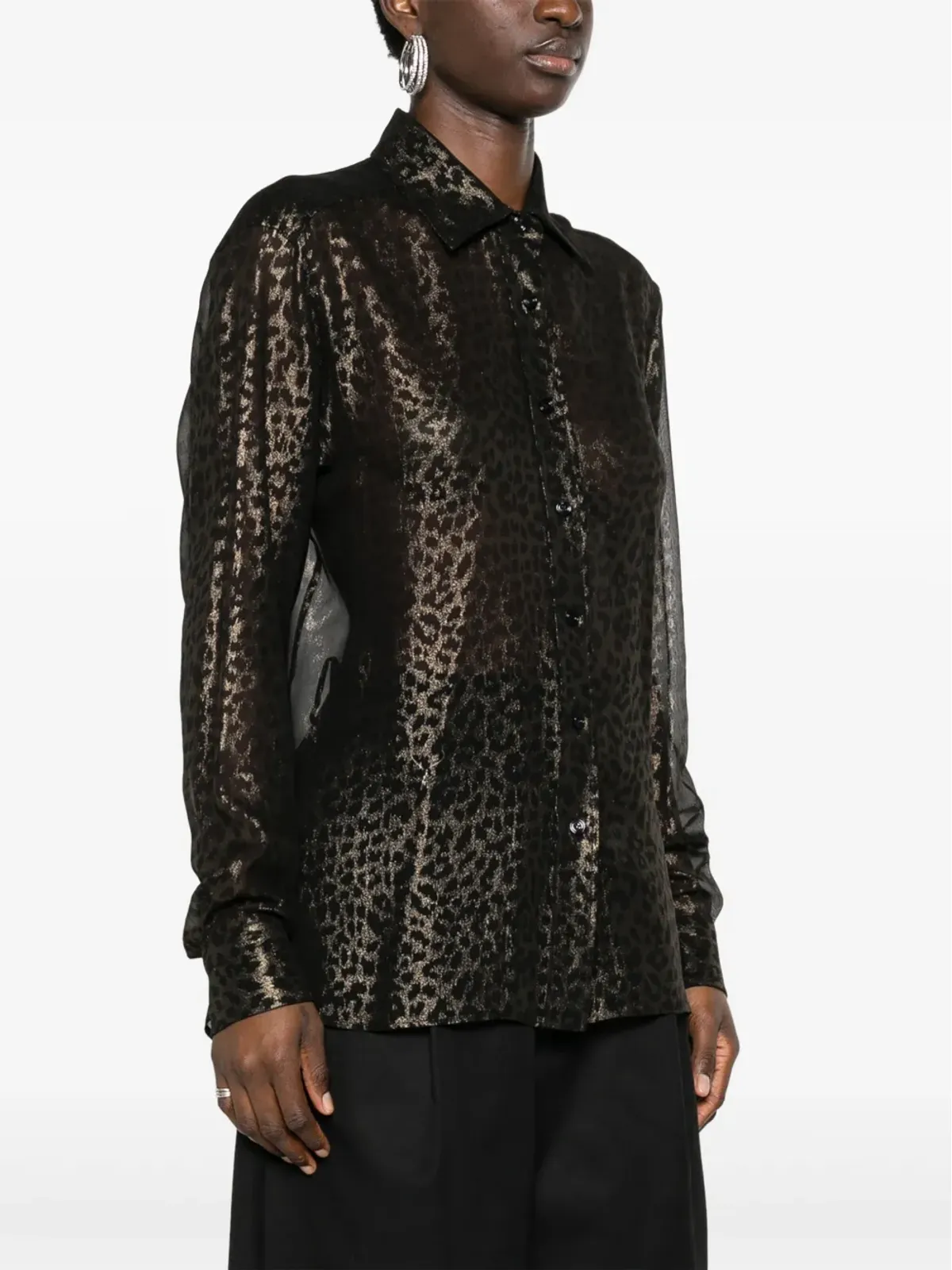 TOM FORD ラミネーテッド レオパード柄 シルクシャツ ブラック - 画像3