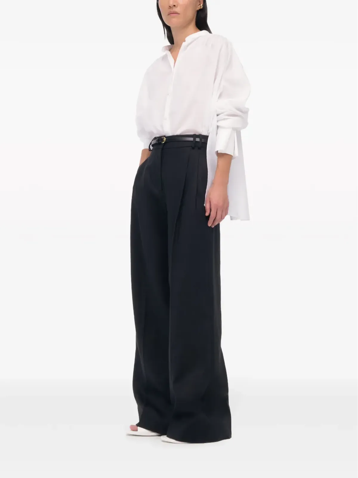 Another Tomorrow wide-leg pleated linen trousers - Black - 画像2