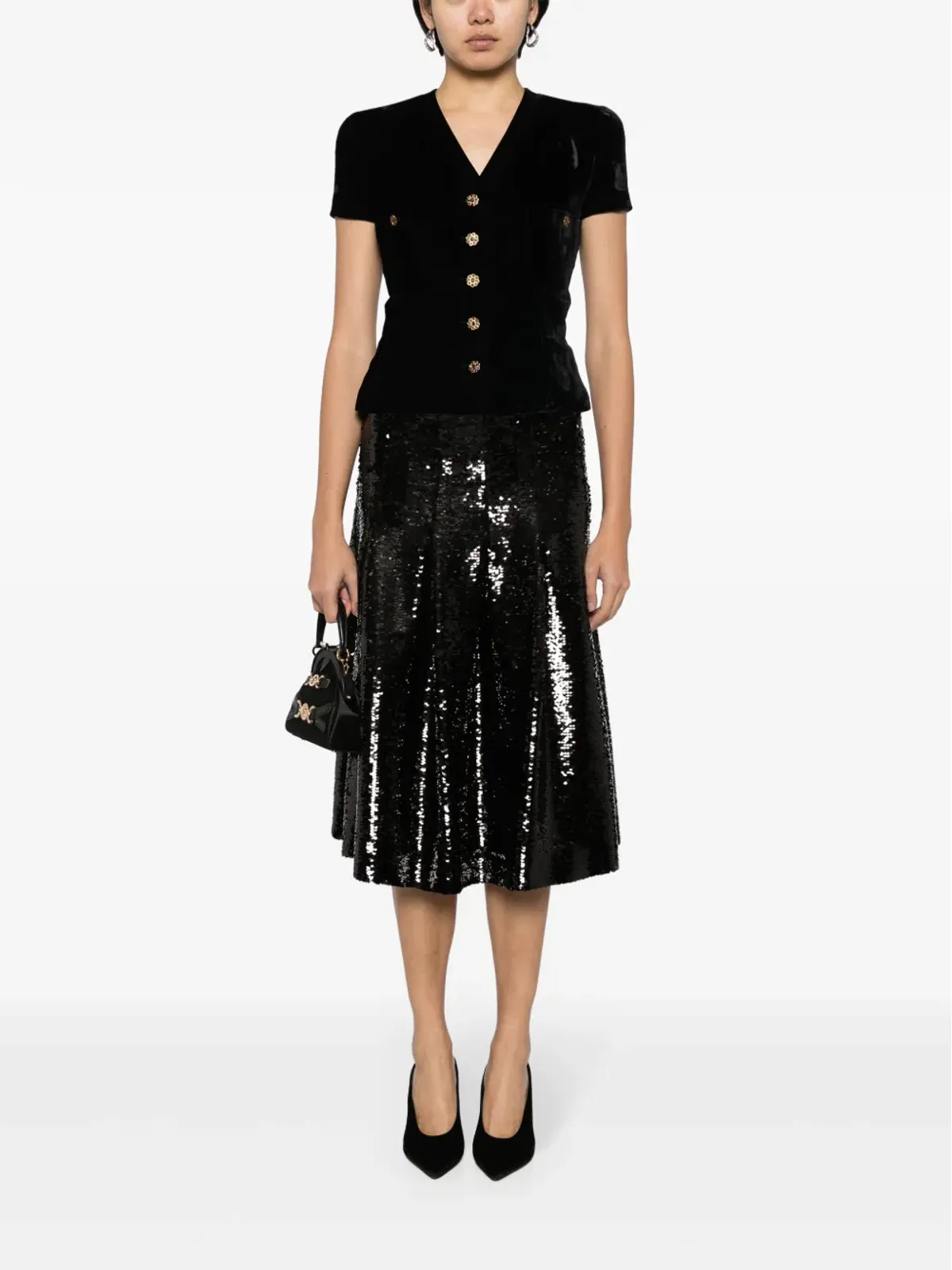 CHANEL ビンテージ 1996 グリポワ装飾ボタン ベルルー生地 シャツ - ブラック - 画像2