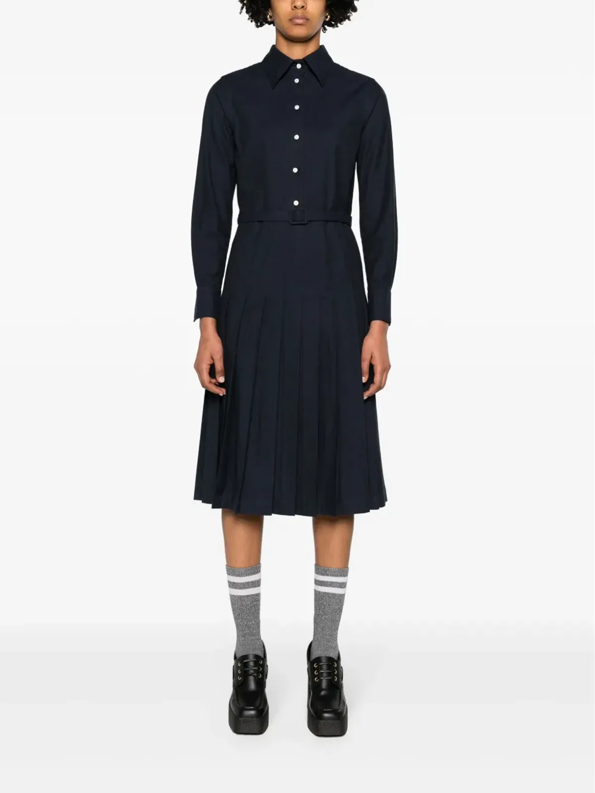 Thom Browne プリーツフランネルミディシャツドレス - ネイビーブルー - 画像2