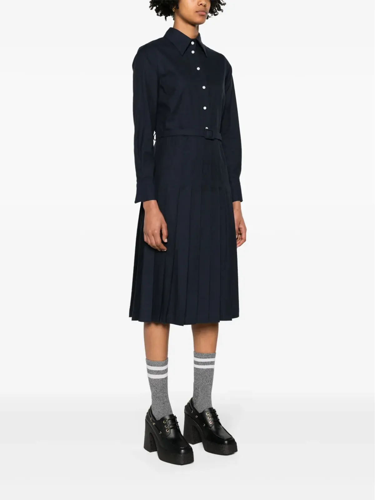 Thom Browne プリーツフランネルミディシャツドレス - ネイビーブルー - 画像3