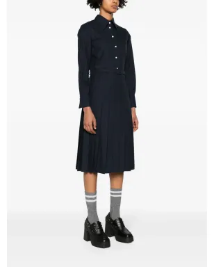Thom Browne プリーツフランネルミディシャツドレス - ネイビーブルー - サムネイル3