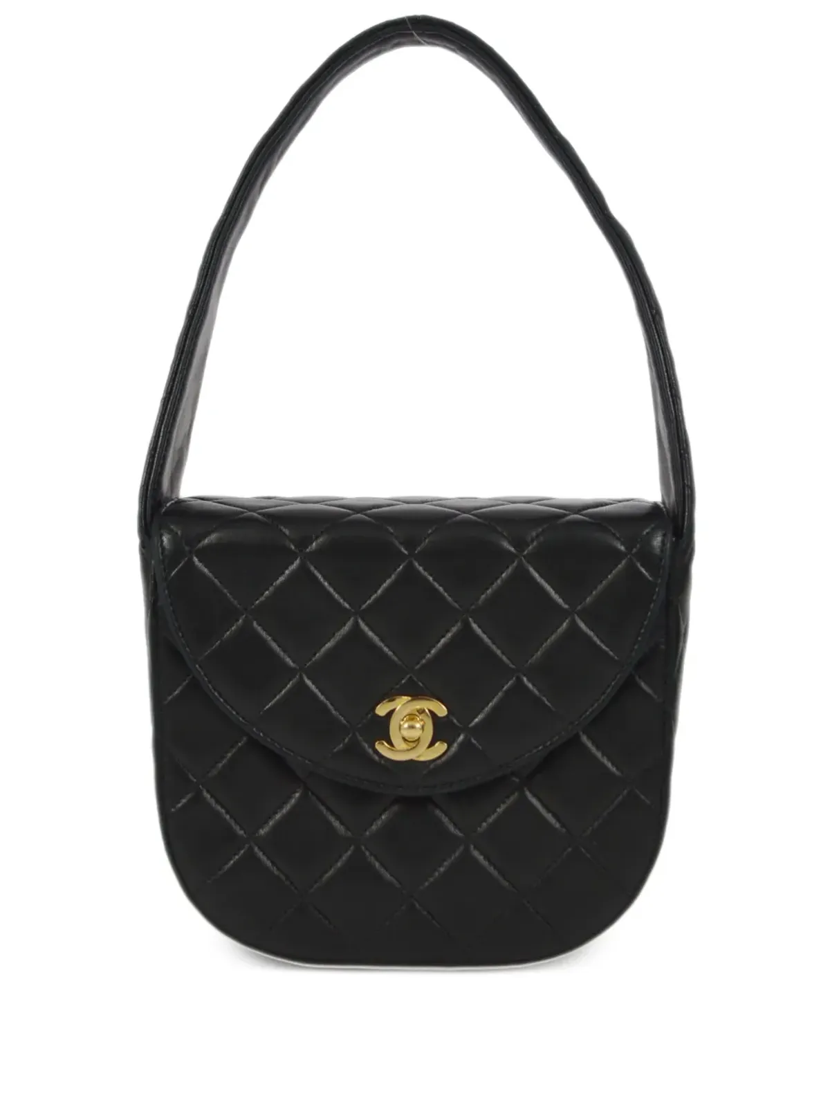 CHANEL ビンテージ 1992年頃 小さめ ブラック ラムスキン ダイヤモンドキルティング CC ターンロック フラップ ハンドバッグ - 画像1