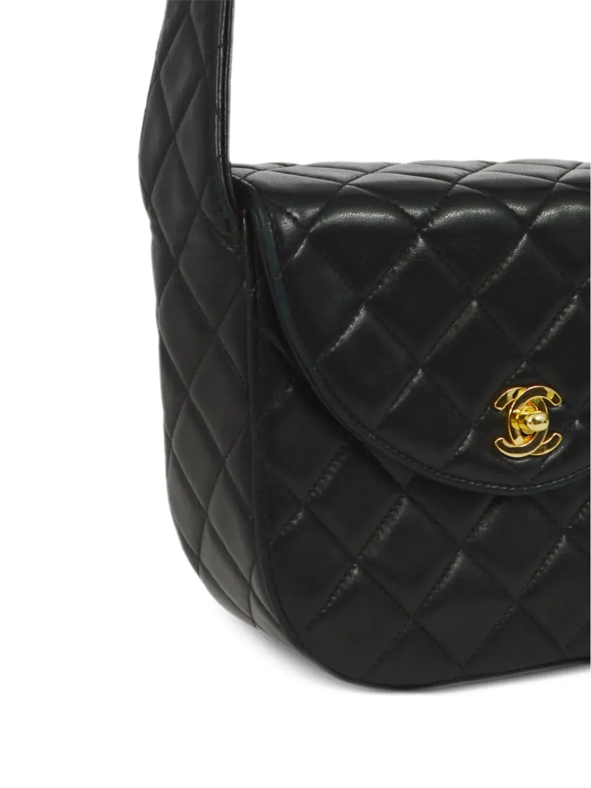 CHANEL ビンテージ 1992年頃 小さめ ブラック ラムスキン ダイヤモンドキルティング CC ターンロック フラップ ハンドバッグ - 画像3