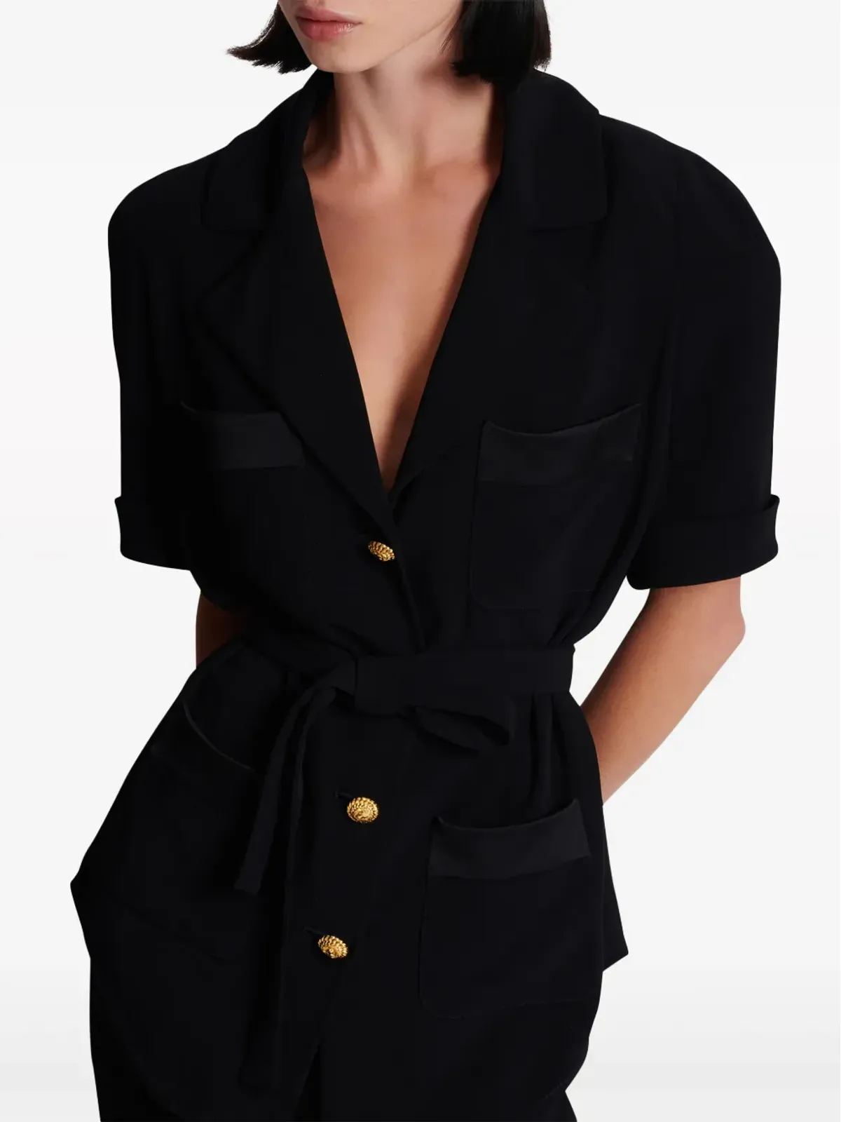 Balmain ベルテッド クリープ半袖シャツ ブラック - 画像5