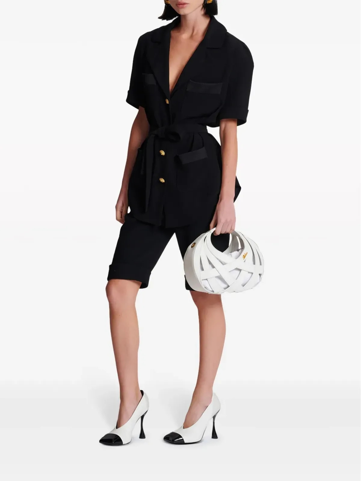 Balmain ベルテッド クリープ半袖シャツ ブラック - 画像2