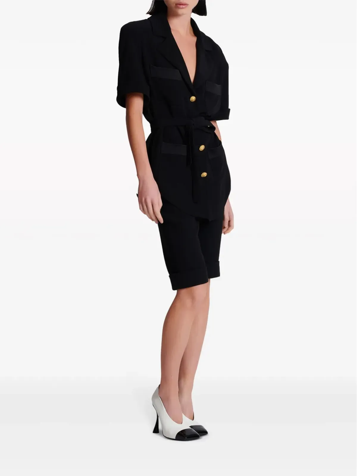Balmain ベルテッド クリープ半袖シャツ ブラック - 画像3