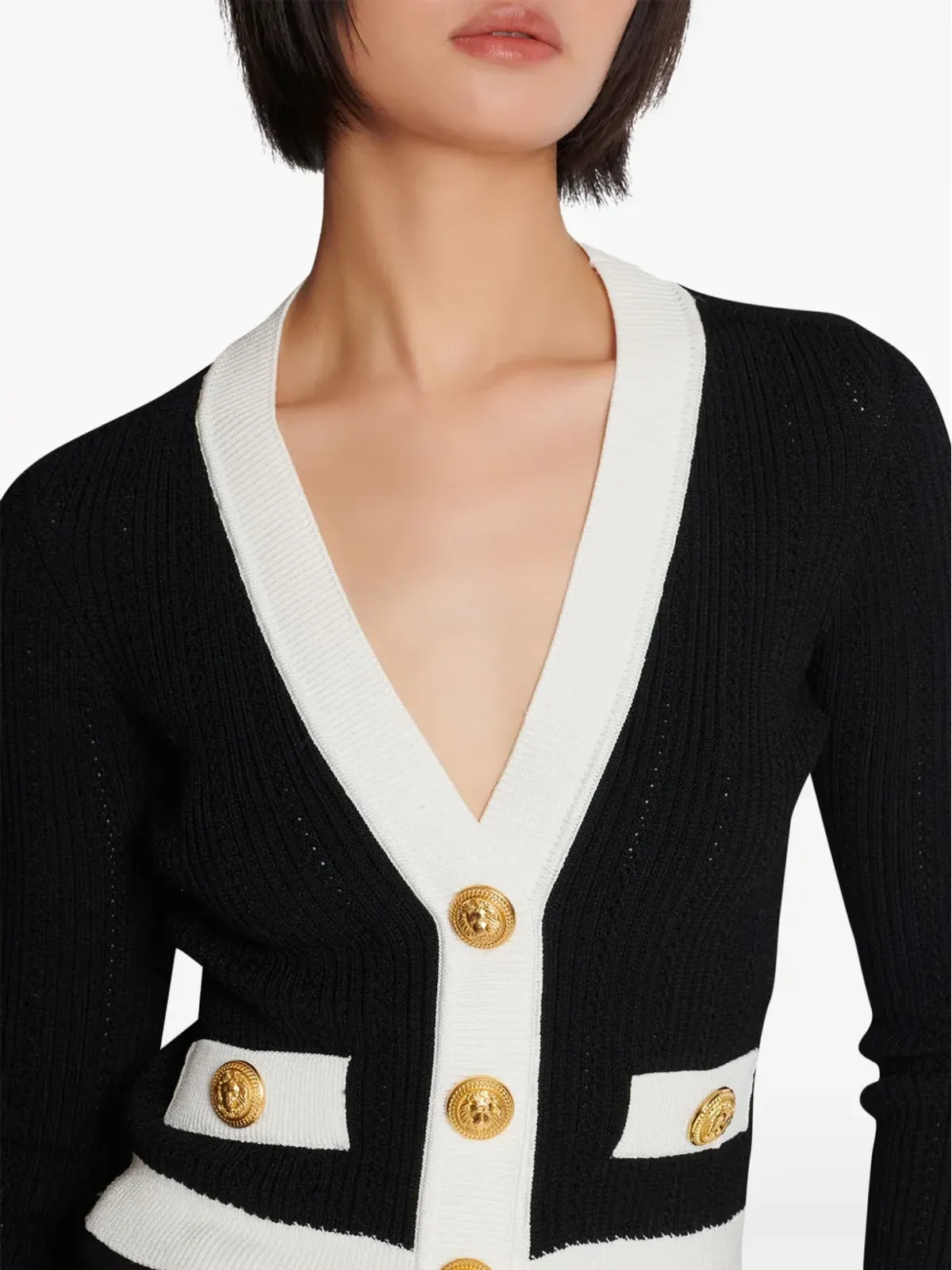 Balmain コントラストボーダーのリブ編みカーディガン - ブラック - 画像5