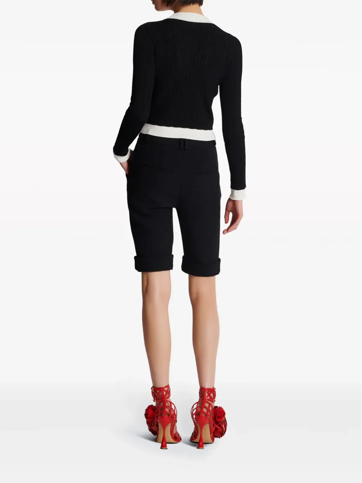 Balmain コントラストボーダーのリブ編みカーディガン - ブラック - 画像4