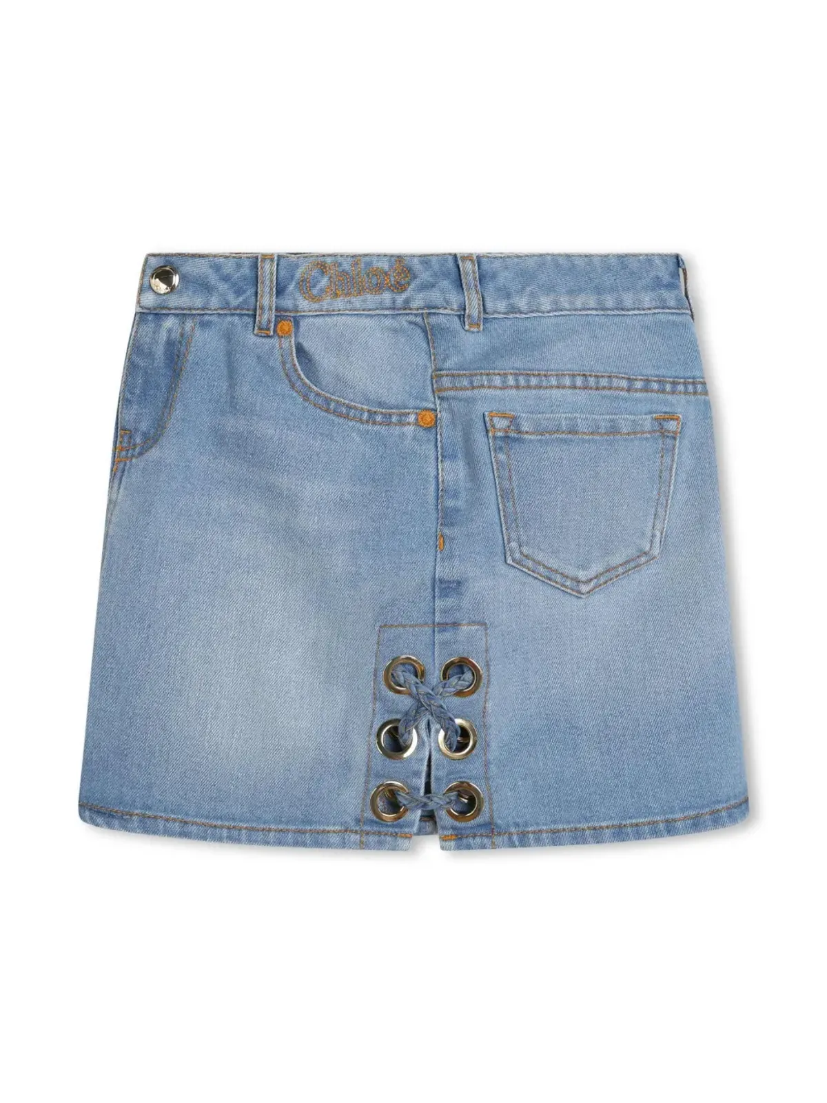 Chloé Kids ロゴ刺繍入りブリーチデニムスカート - 画像3