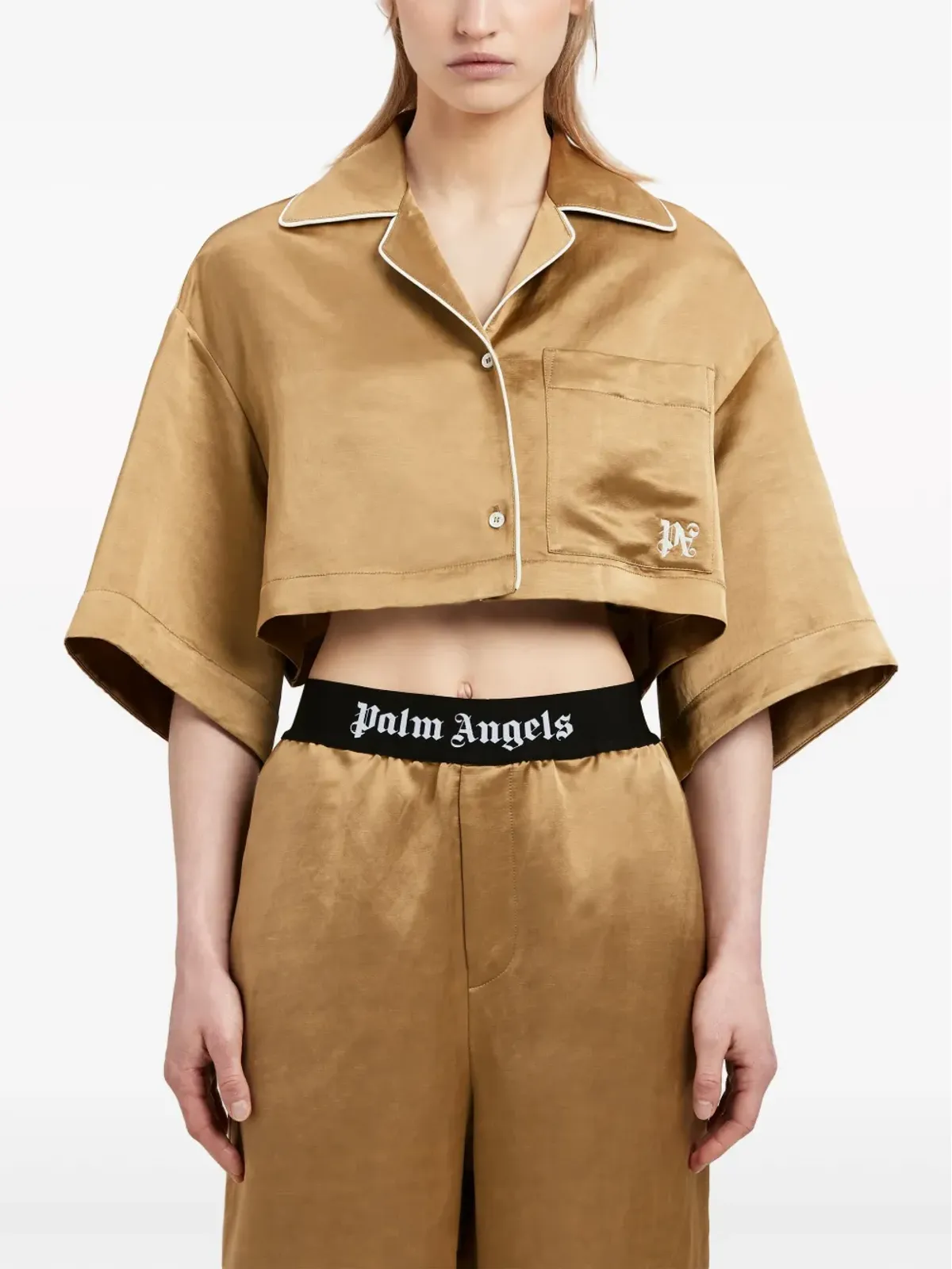 Palm Angels モノグラム刺繍サテン地クロップドシャツ - ニュートラルカラー - 画像3