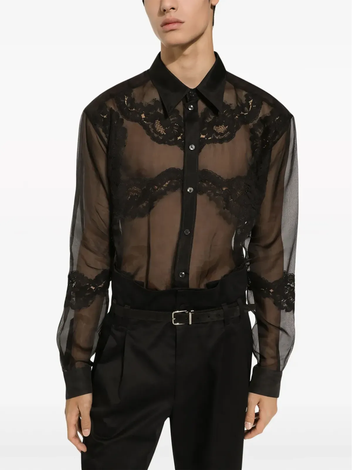 Dolce & Gabbana レース装飾の透け感のあるオーガンザシャツ - ブラック - 画像4