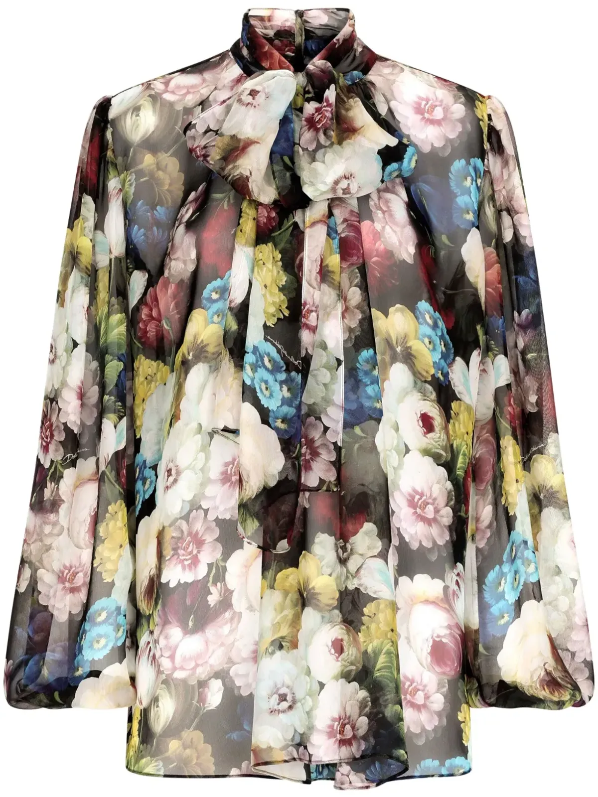 Dolce & Gabbana 花柄プリント スカーフ付きシルクブラウス ブラック - 画像1