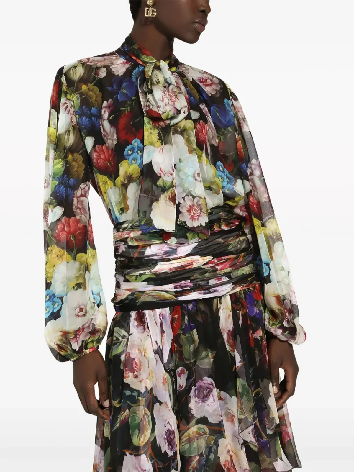 Dolce & Gabbana 花柄プリント スカーフ付きシルクブラウス ブラック - 画像5