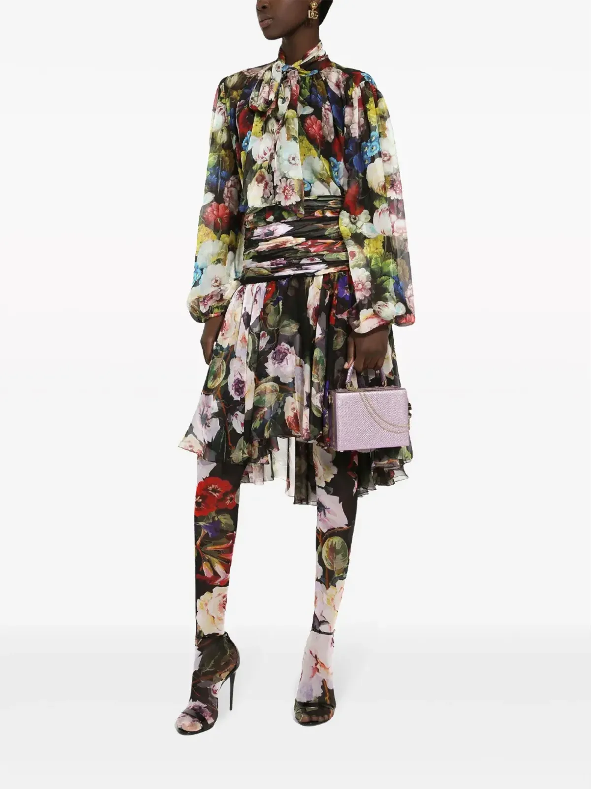 Dolce & Gabbana 花柄プリント スカーフ付きシルクブラウス ブラック - 画像2